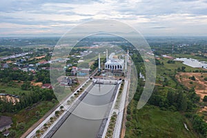Aerial view of Songkhla Central Mosque in Hat Yai city town, Thailand. Tourist attraction landmark
