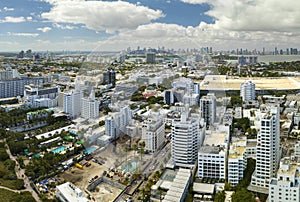 Aerial view of South Beach architecture. Miami Beach city with high luxury hotels and condos. Tourist infrastructure in