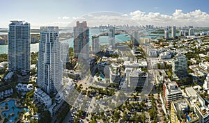 Aerial view of South Beach architecture. Miami Beach city with high luxury hotels and condos. Tourist infrastructure in