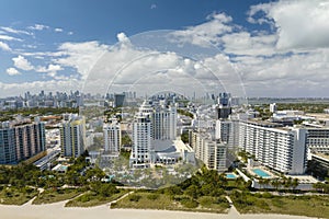 Aerial view of South Beach architecture. Miami Beach city with high luxury hotels and condos. Tourist infrastructure in