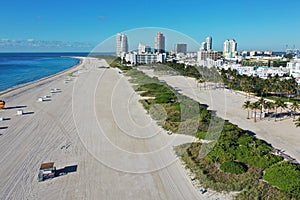 Aerial view of South Beach and Lummus Park in Miami Beach, Florida duing COVID-19 shutdown.