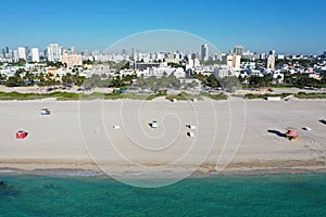 Aerial view of South Beach and Lummus Park in Miami Beach, Florida duing COVID-19 shutdown.