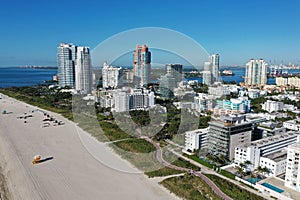 Aerial view of South Beach and Lummus Park in Miami Beach, Florida duing COVID-19 shutdown.