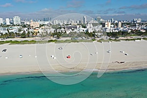 Aerial view of South Beach and Lummus Park in Miami Beach, Florida duing COVID-19 shutdown.