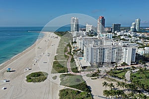 Aerial view of South Beach and Lummus Park in Miami Beach, Florida duing COVID-19 shutdown.