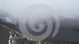 Aerial view of South Lake Tahoe by Incline Village on a cloudy day