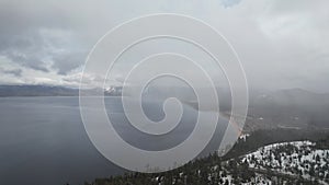 Aerial view of South Lake Tahoe by Incline Village on a cloudy day