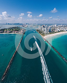 Aerial view of South Miami Beach and boats in view