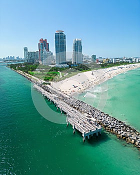 Aerial view of South Point Pier in South Beach, Miami Beach, Florida