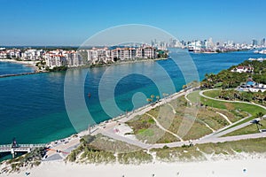 Aerial view of South Pointe Park and Fisher Island during COVID-19 park closure.