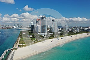 Aerial view of South Pointe Park and South Beach in Miami Beach, Florida.