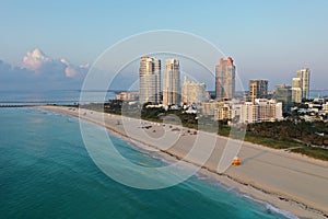 Aerial view of South Pointe Park and South Beach in Miami Beach, Florida.