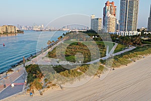 Aerial view of South Pointe Park and South Beach in Miami Beach, Florida.