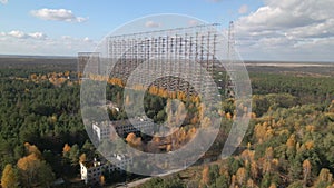 Aerial view of Soviet abandoned missile defense over-the-horizon military radar station Duga in the Chernobyl exclusion