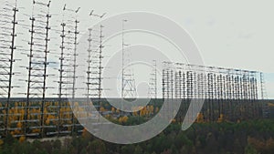 Aerial view of Soviet abandoned missile defense over-the-horizon military radar station Duga in the Chernobyl exclusion