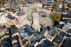 Aerial view of Spanish town of Puigcerda with medieval church belfry