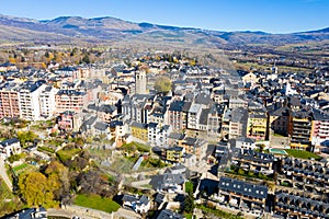 Aerial view of Spanish town of Puigcerda with medieval church belfry