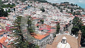 Aerial view of a Spanish village in the mountains - Teror, Gran Canaria, Spain. Historic neighborhoods with a bird`s eye