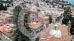 Aerial view of a Spanish village in the mountains - Teror, Gran Canaria, Spain. Historic neighborhoods with a bird`s eye