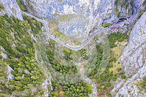 Aerial view of a spectacular canyon and road in Romanian Carpahians
