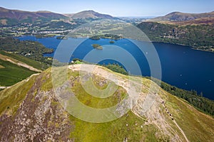 Aerial view of the spectacular Catbells ridge overlooking Derwentwater in the English Lake District National Park