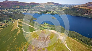 Aerial view of the spectacular Catbells ridge overlooking Derwentwater in the English Lake District National Park