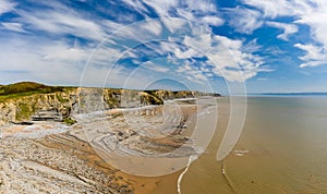 Aerial view of spectacular coastal limestone cliffs and ocean at Southerndown, Wales. UK