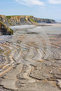 Aerial view of spectacular coastal limestone cliffs and ocean at Southerndown, Wales. UK