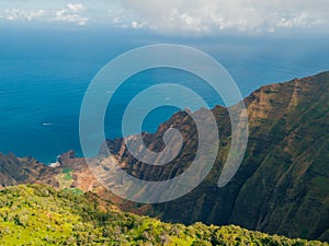Aerial view of spectacular Na Pali cliffs in Kauai, Hawaii