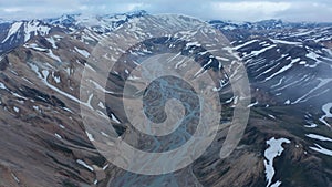 Aerial view of spectacular panorama of Thorsmork valley, glacier wild highlands in Iceland. High angle view of Krossa