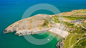 Aerial view of the spectacular sandy beach and bay of Mwnt in Ceredigion, Wales