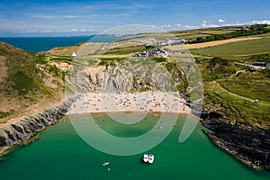 Aerial view of the spectacular sandy beach and bay of Mwnt in Ceredigion, Wales