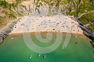 Aerial view of the spectacular sandy beach and bay of Mwnt in Ceredigion, Wales