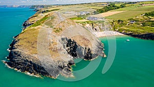 Aerial view of the spectacular sandy beach and bay of Mwnt in Ceredigion, Wales