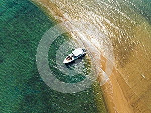 Aerial view of Speed boat in the aqua sea, Drone view.