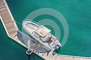 Aerial view of speed boat and floating dock