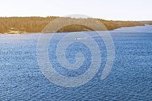 Aerial view of speeding boat in sea. Speed boat at sea. View from above. Speedboat floating in a turquoise blue sea water. Motorbo