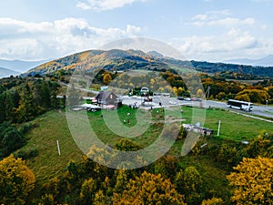 aerial view of speedway road in autumn carpathian mountains