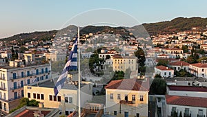 Aerial view of Spetses old town and marina or seaport, Greece - drone videography