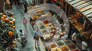 Aerial view of spice market stalls with colorful displays. Urban lifestyle and trade concept