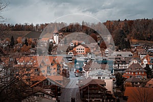 Aerial view of Spiez city and Reformed Church Reformierte Kirche Spiez - Spiez, Switzerland