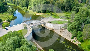 Aerial view of the spillway dam in the village of Yaropolets