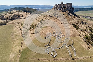 Aerial view of Spis Castle and geoglyph, Slovakia