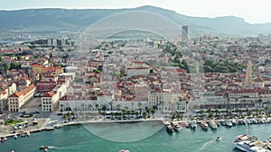Aerial view Split Croatia. Embankment with palm trees in the old historical city