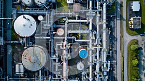 An aerial view of a sprawling industrial complex featuring pipes tanks and machinery all working together to convert