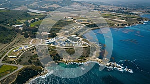 An aerial view of a sprawling research facility nestled in an idyllic coastal setting dedicated to studying and