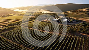 Aerial view of a sprawling vineyard during sunset