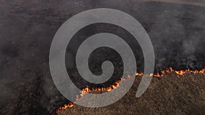 Aerial view of spring dry grass burning field. Fire and smoke in the meadow, nature pollution, shrubs and common waste are burned