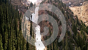 Aerial view of spruce trees growing high in the mountains of Kyrgyzstan. Beautiful untouched nature of Kyrgyzstan