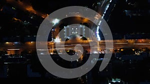 Aerial view of Square with Monument in the City, Night, Excerpt, Camera Down